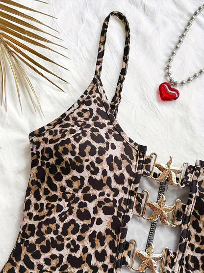 Women's jumpsuit one-piece with leopard print and cut-out – trendy summer outfit for vacation & beach