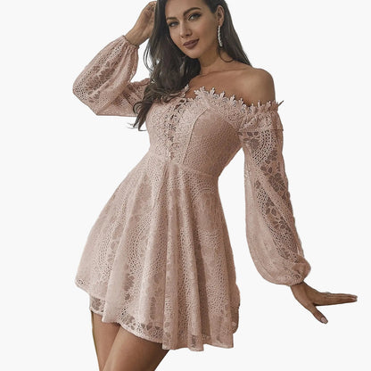 Women's Off-Shoulder Mini Dress Elegant with Lace Sleeves – Perfect for Festive Occasions or Evening Events