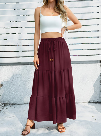 Women's Maxi Tiered Skirt with Drawstring – Boho Summer Casual Skirt for Everyday & Vacation