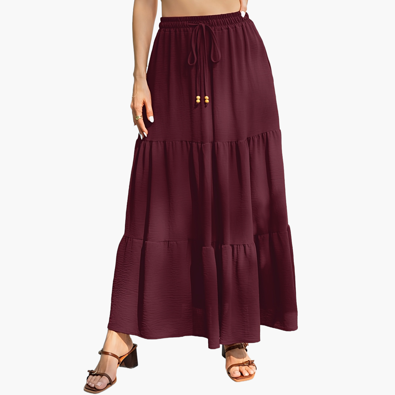 Women's Maxi Tiered Skirt with Drawstring – Boho Summer Casual Skirt for Everyday & Vacation