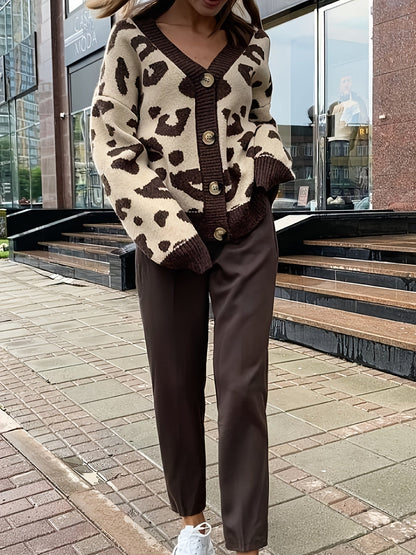Damen Strickjacke mit Leopardenmuster V-Ausschnitt Knöpfen