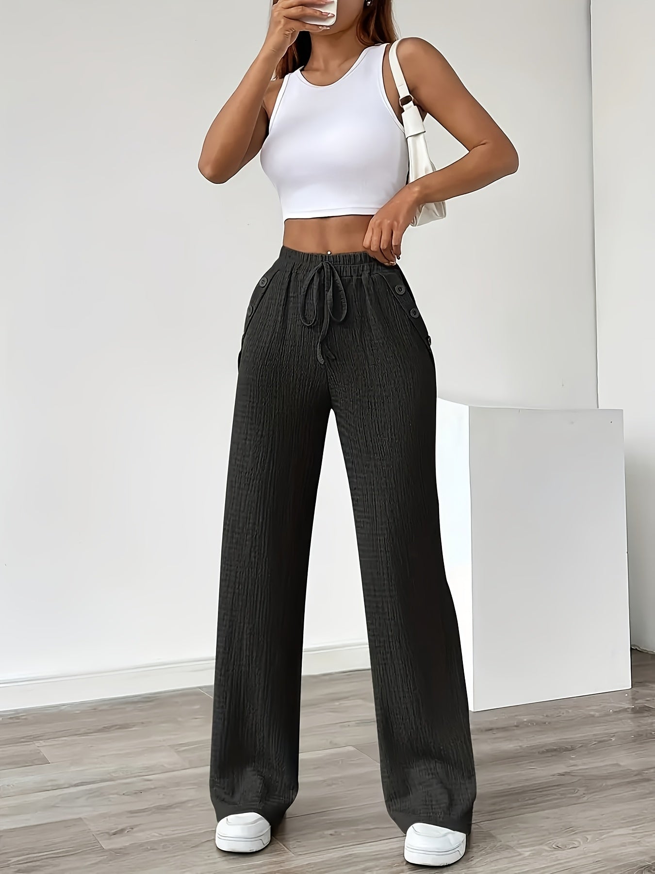 Women's Straight Leg Casual Pants with Button Details and Drawstring – Ideal for Everyday and Leisure