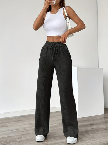Women's Straight Leg Casual Pants with Button Details and Drawstring – Ideal for Everyday and Leisure