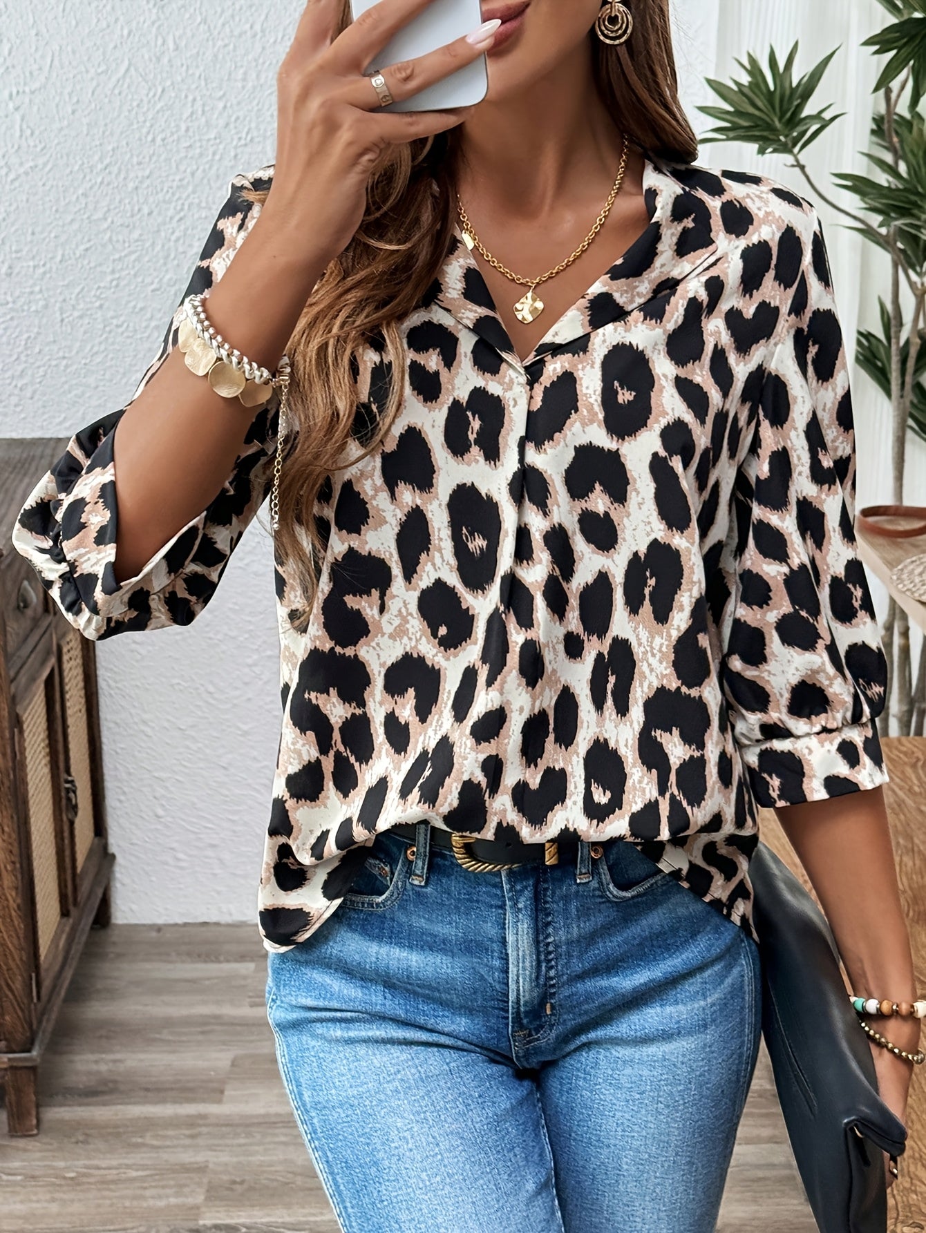 Women's Elegant Leopard Print Blouse with 3/4 Sleeves – Perfect for Office and Casual Wear