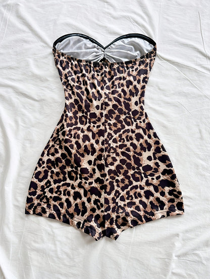 Women's Retro-Style Swimsuit with Leopard Print and Cut-Out Design – Fashionable Bandeau Swimsuit for Summer