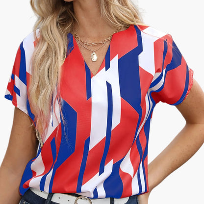 Damen Vintage Bluse mit geometrischem Muster und V-Ausschnitt – Modische Sommerbluse für Alltag und Büro