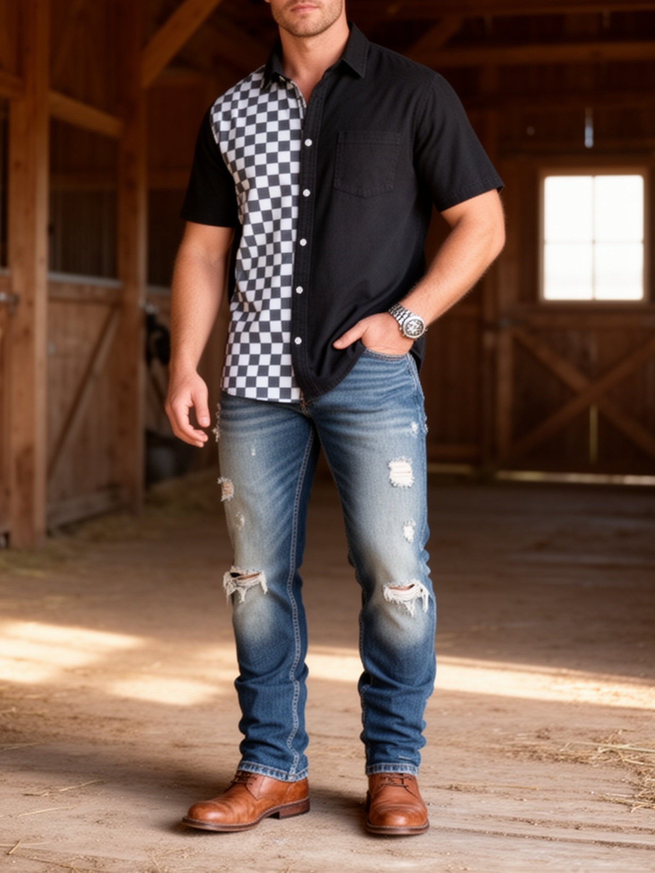 Men's Short-Sleeve Casual Shirt with Checkerboard Pattern Street Style Modern