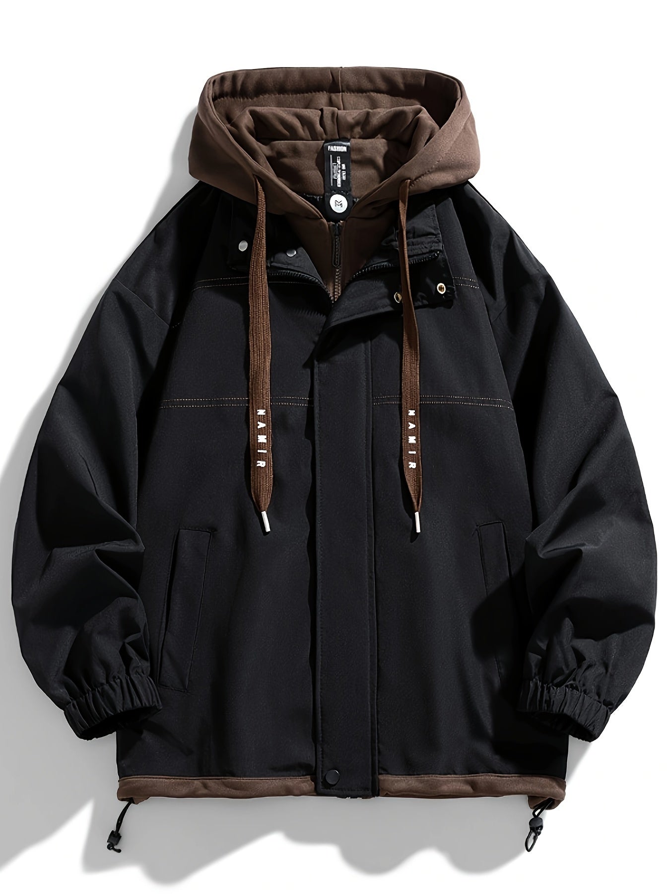Unisex transitional jacket with hood and zipper, two-in-one look, black/brown
