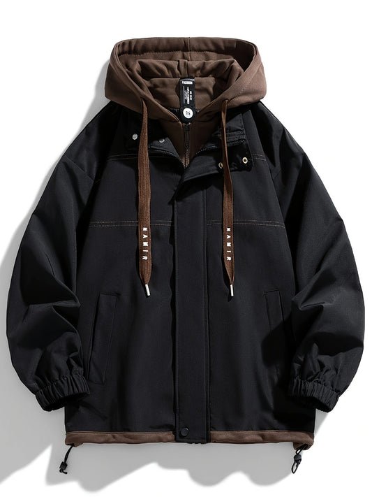 Unisex transitional jacket with hood and zipper, two-in-one look, black/brown
