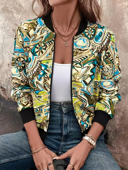 Women's bomber jacket with cartoon print for leisure and vacation