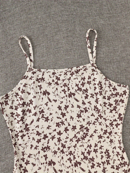 Women's Elegant 2-Piece Set – Floral Summer Dress with Spaghetti Straps and Knot Top, Perfect for Casual and Going Out