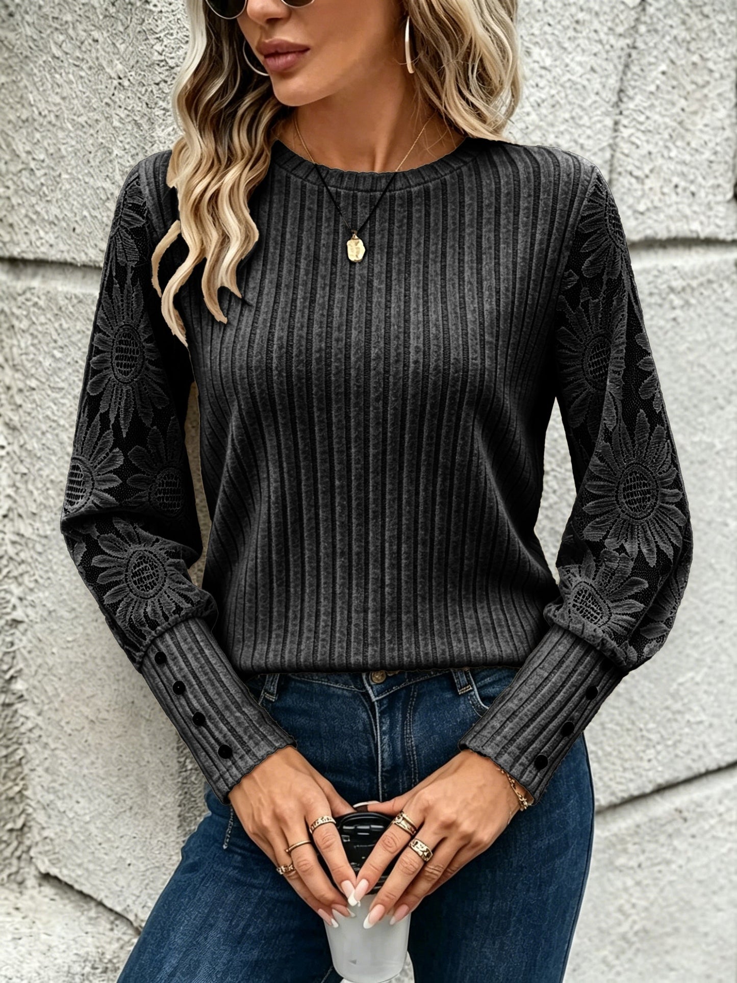 Women's rib-knit sweater with lace sleeves and a crew neck