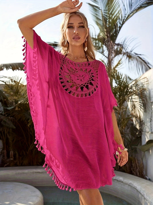 Women's Boho Tunic Beach Dress with Crochet Lace and Tassels – Perfect as a Summer Beach Cover-Up