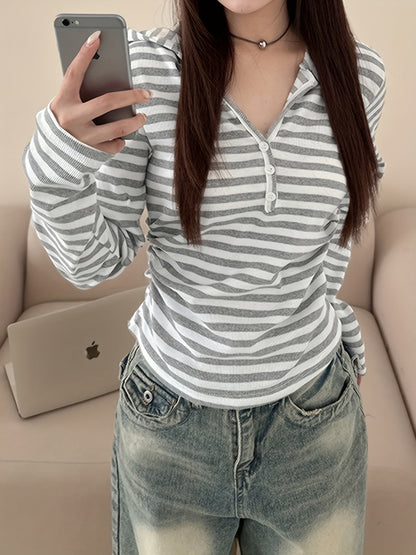 Damen Langarmshirt gestreift mit Knopfleiste