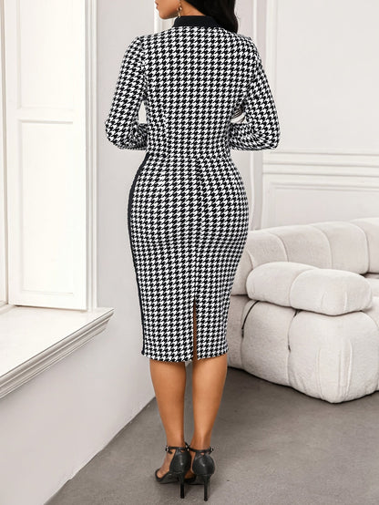 Women's houndstooth two-piece set, fitted dress with jacket, black and white