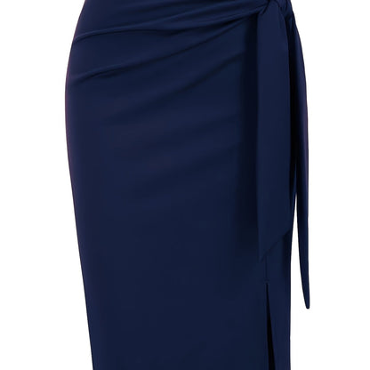 Women's Elegant Midi Skirt with Bow Detail and Slit – Perfect for Office & Festive Occasions