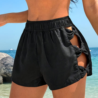 Women's summer resort shorts with cut-outs and bows – trendy beach and festival shorts