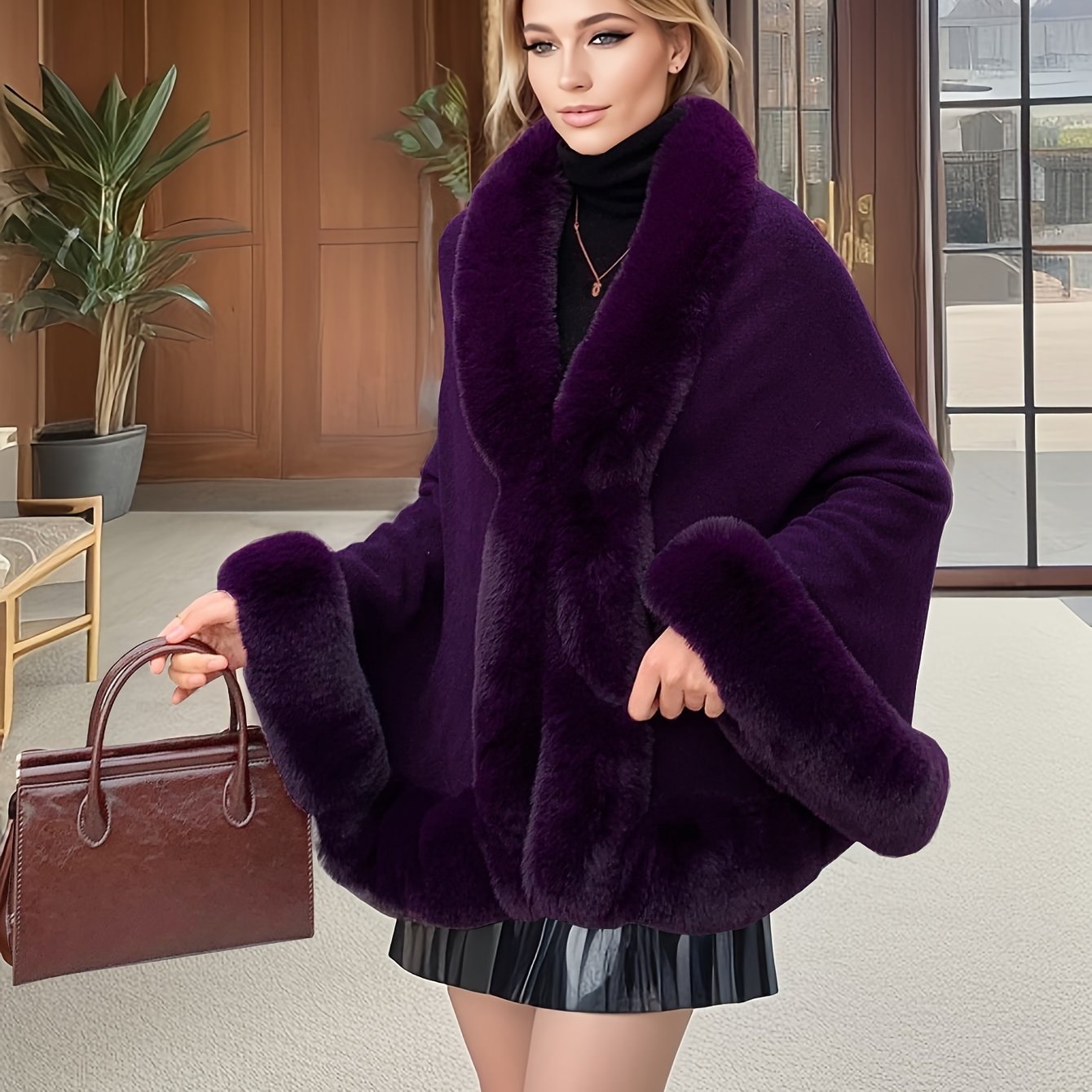 Women's cape with faux fur trim - Warm poncho design