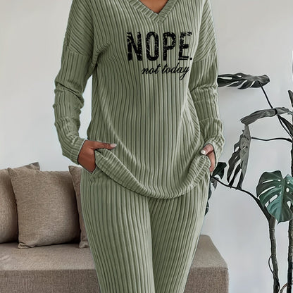 Ribbed women’s two-piece set with a V-neck top featuring lettering and wide-leg pants