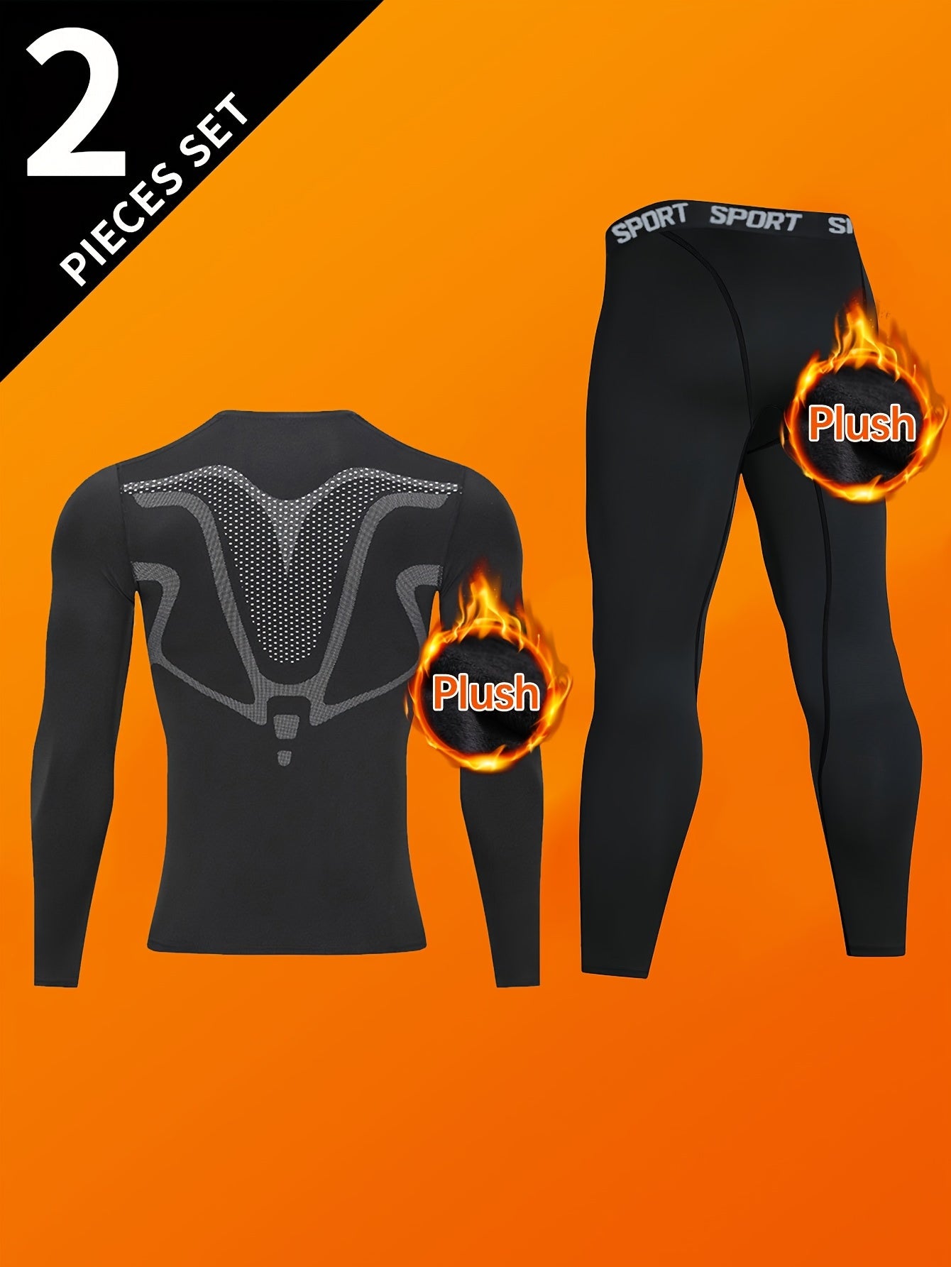 Men's long-sleeve black thermal underwear set with a compression fit