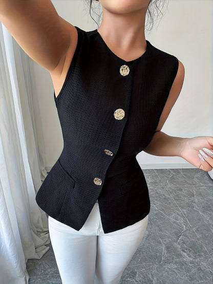Women's Elegant Sleeveless Blouse with Gold Buttons – Business & Casual Fashion