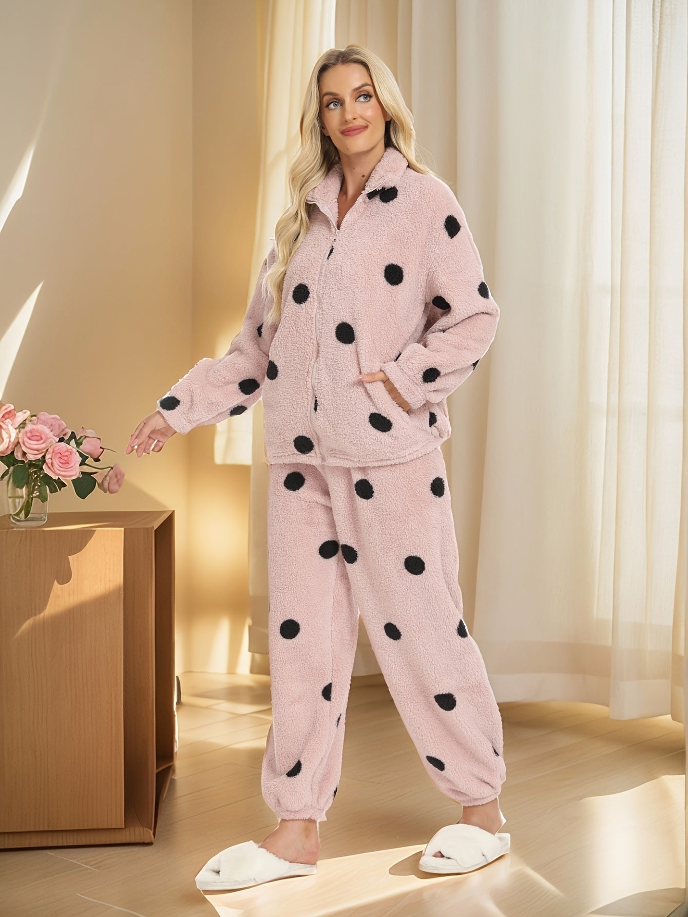 Women's Loungewear Set Plush Polka Dots Zipper Stand Collar Pajamas