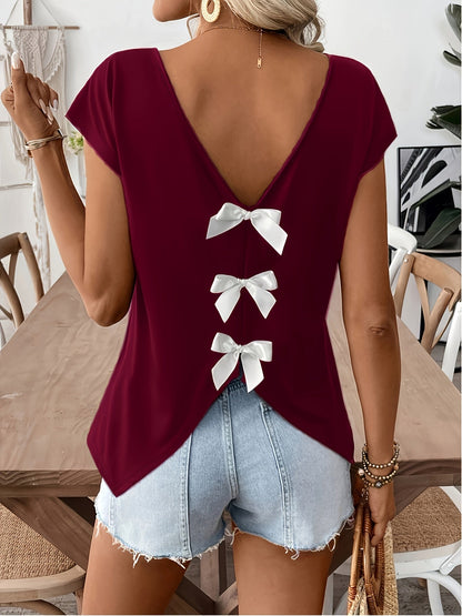 Women's Shirt with Back Cutout and Bows – Fashionable Casual Top for Spring & Summer