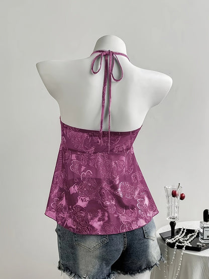 Women's Halterneck Top with Ruffles and Romantic Pattern – Ideal for Casual Wear and Summer