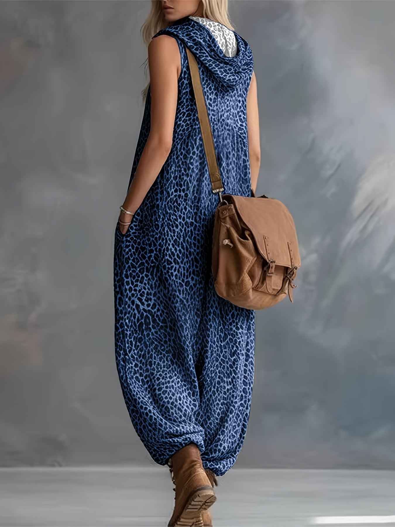 Damen Jumpsuit ärmellos mit Kapuze Animal-Print lockere Passform