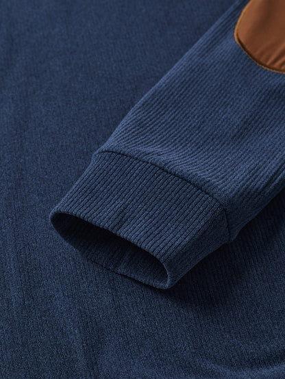 Men’s sweater, knit-look, stand-up collar, button placket, navy blue, beige