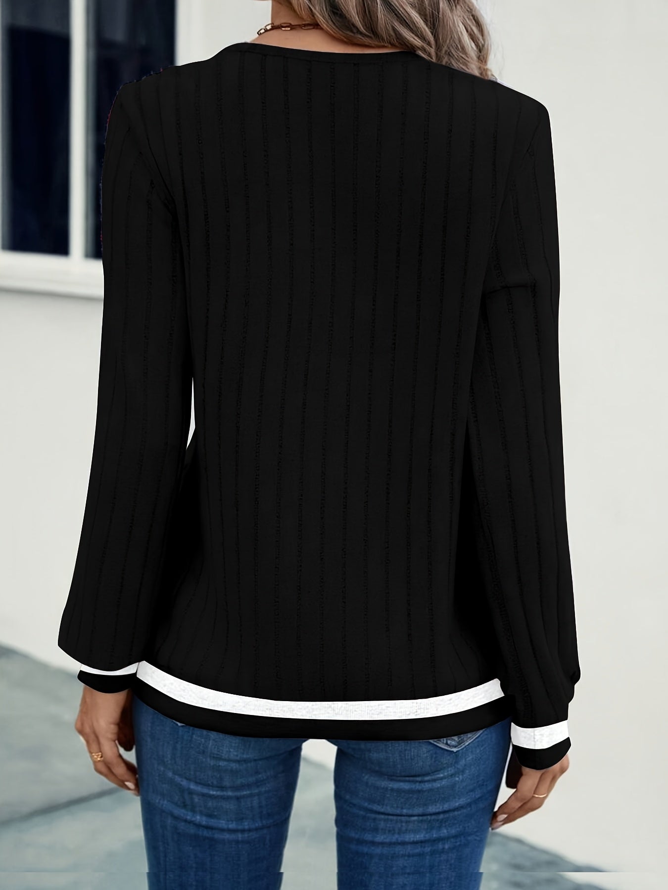 Women's V-neck knitted sweater with striped details, long sleeves, ribbed texture
