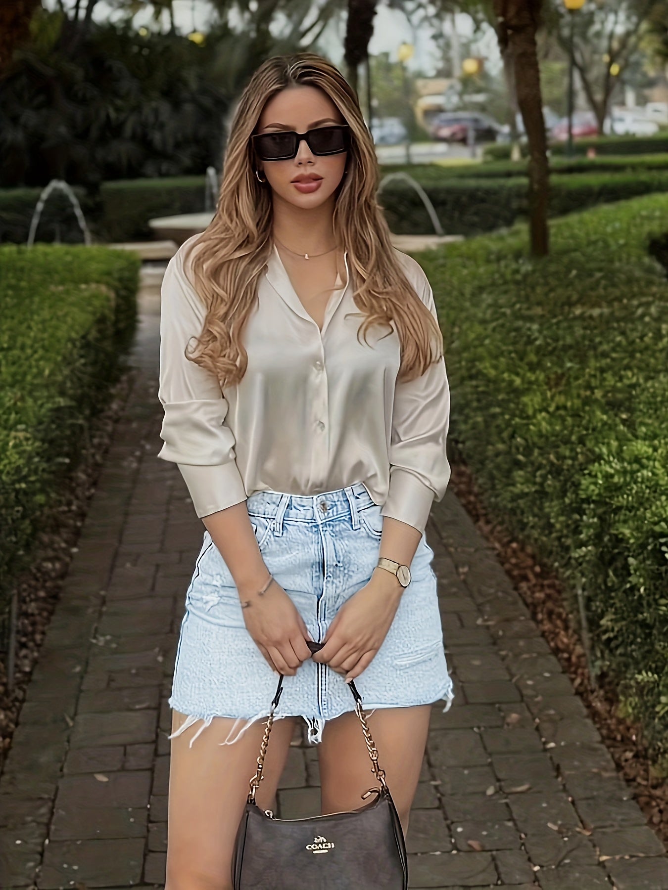 Women's Elegant Street Style Blouse Shirt and Denim Skirt Set – Fashionable Summer Look for Everyday and Leisure