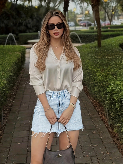Women's Elegant Street Style Blouse Shirt and Denim Skirt Set – Fashionable Summer Look for Everyday and Leisure