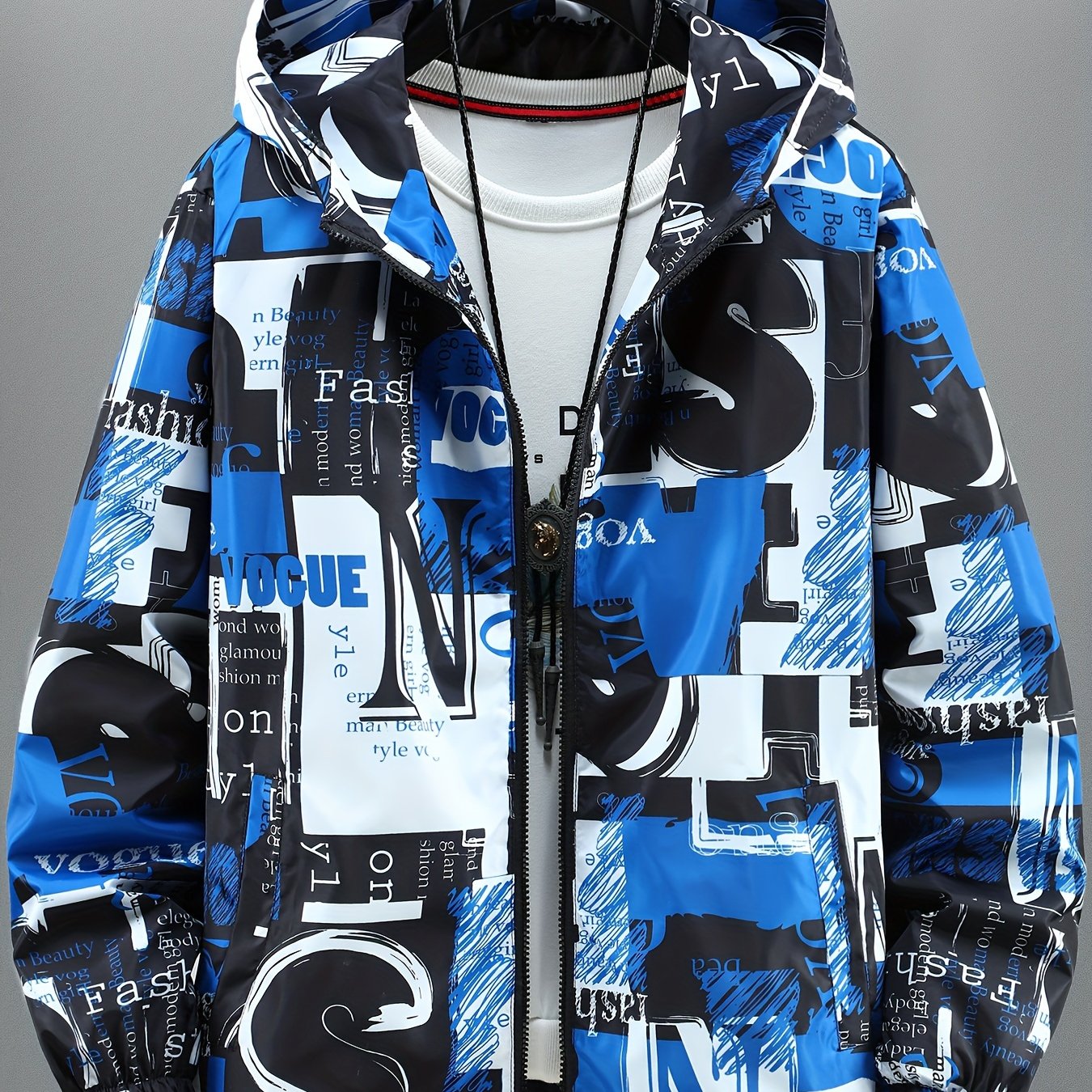 Unisex hooded jacket with all-over print, zip-up windbreaker, red, black, white
