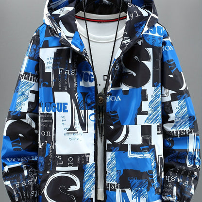 Unisex hooded jacket with all-over print, zip-up windbreaker, red, black, white