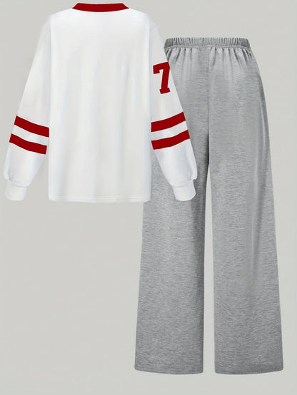 Two-piece women’s sports set: long-sleeve V-neck shirt and wide-leg pants, gray and white