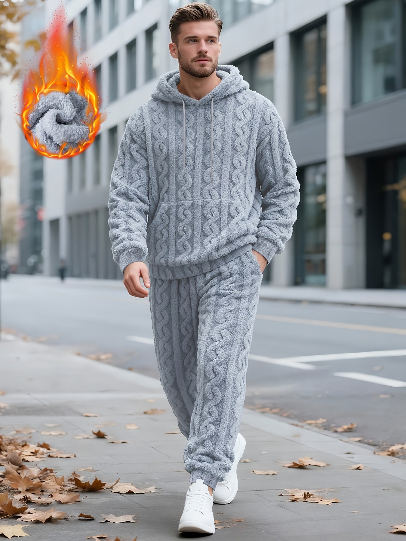 Men's cozy cable-knit tracksuit with hoodie and pants, soft & warm