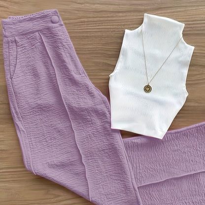 Women's Elegant Set – Sleeveless Top with Stand Collar and Pants, Perfect for Spring & Summer