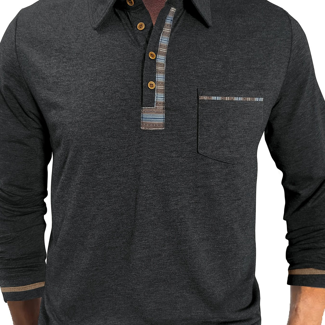 Men's long-sleeved polo shirt with chest pocket and patterned details