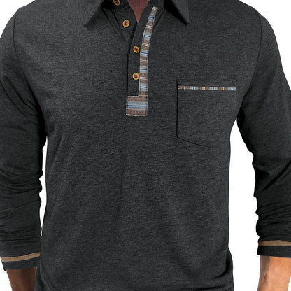 Men's long-sleeved polo shirt with chest pocket and patterned details