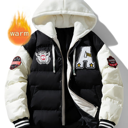Unisex Winter Jacke im College-Stil mit abnehmbarer Kapuze, Kontrastärmeln & Patches