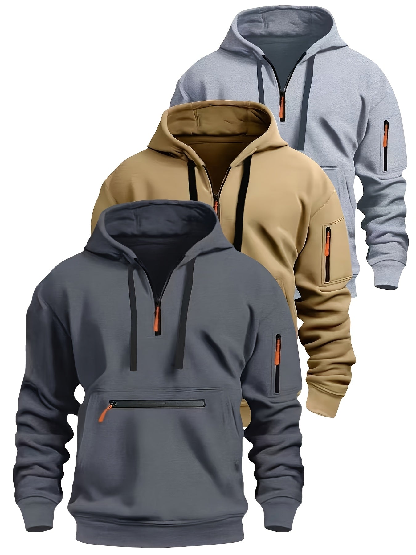 Men's hoodie with zipper and kangaroo pocket, drawstring, long sleeves