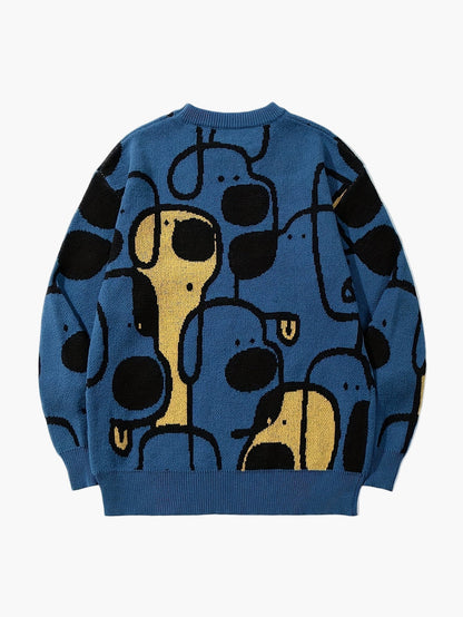 Men's Sweater with Abstract Dog Pattern, Casual Streetwear Style for Autumn and Winter