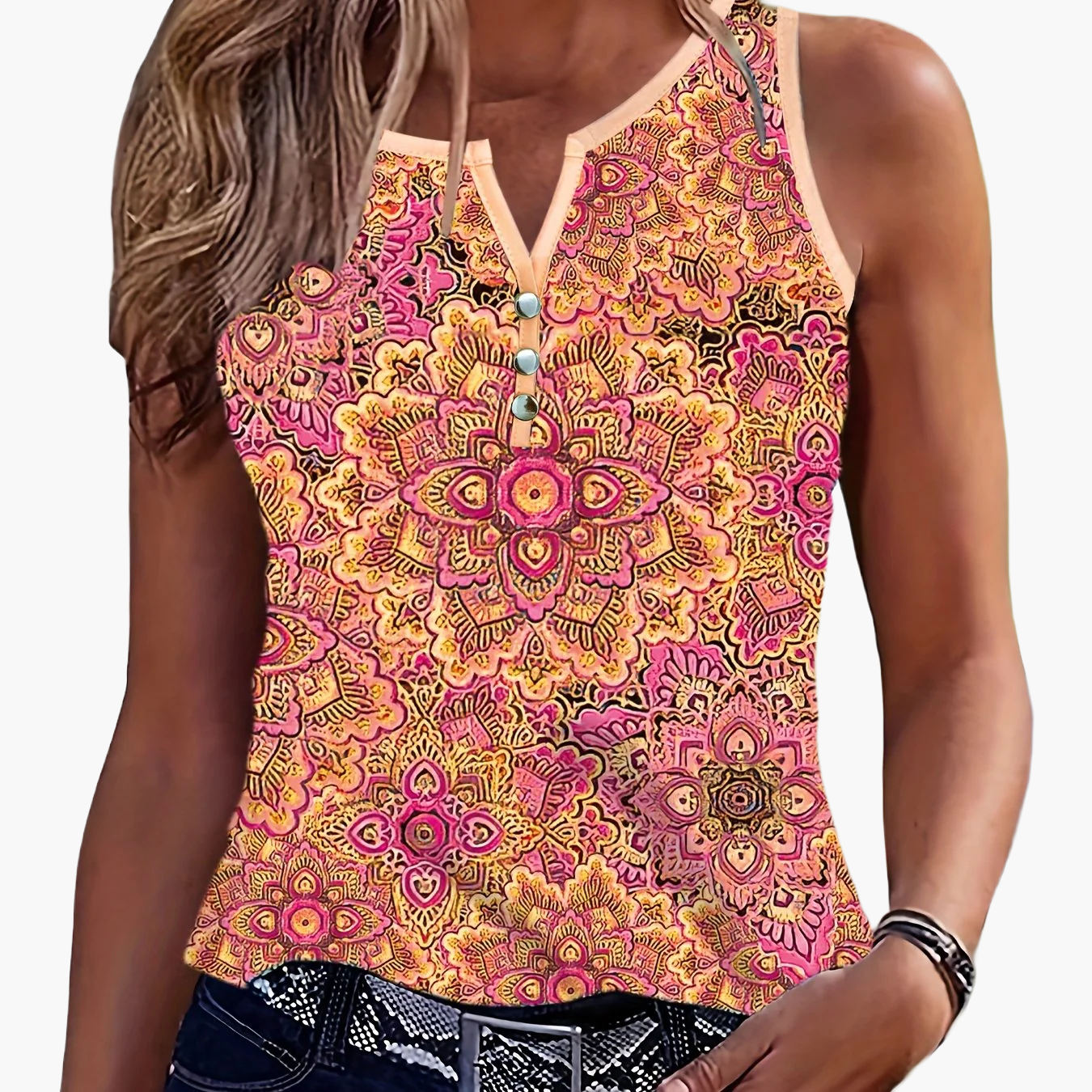 Women's Boho Top with Tribal Pattern and Button Placket – Fashionable Summer Tank Top for Casual Wear