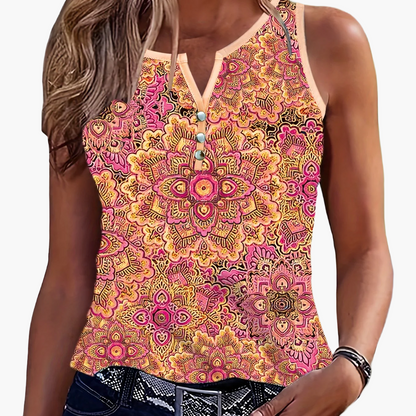 Women's Boho Top with Tribal Pattern and Button Placket – Fashionable Summer Tank Top for Casual Wear