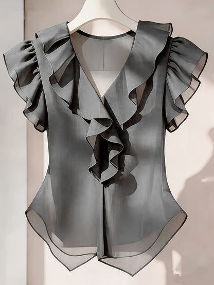 Women's blouse with ruffles and V-neck – Elegant frilled blouse for office and leisure