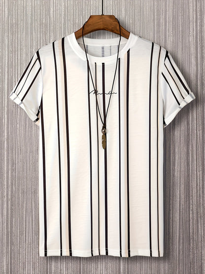 Men's T-shirt with vertical stripe pattern and modern print – Stylish casual shirt