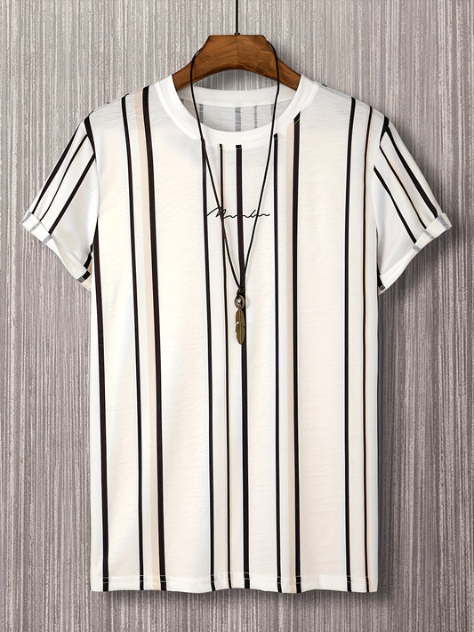Men's T-shirt with vertical stripe pattern and modern print – Stylish casual shirt