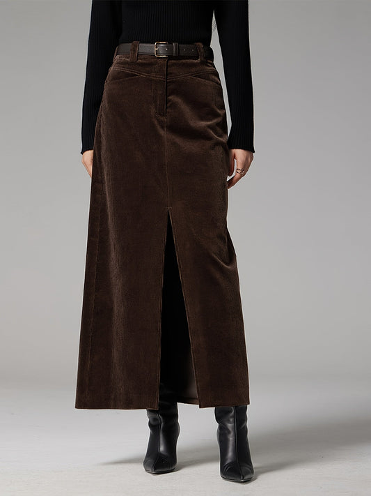 Damen Maxirock aus Kordstoff mit Schlitz Braun