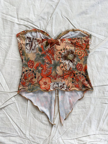 Women's Bandeau Crop Top with Floral Pattern and Knot Detail – Vintage Style for Summer and Festivals